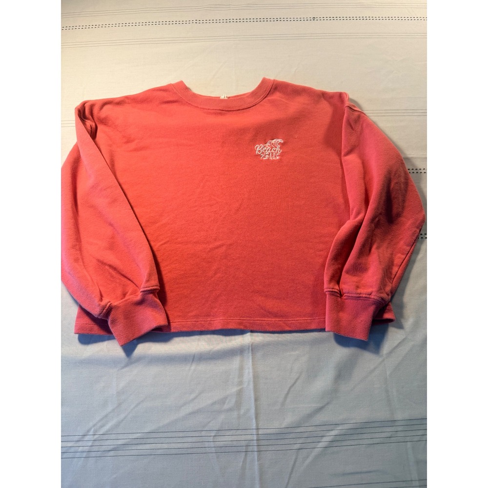 Pink Rose Beach Please Cropped Sweatshirt Coral Pink Long Sleeve Pullover Medium